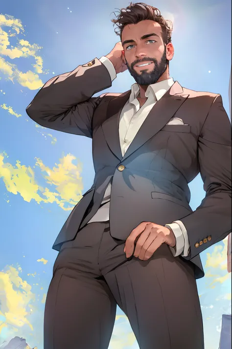 Draw a full-fledged footballer，Standing on the steppe at night，Quiet and comfortable background，He wears the same suit as the countrys president，The suit fits perfectly，rays of sunshine，cheerful big breasts，Handsome，eyes with brightness，The man looks confi...