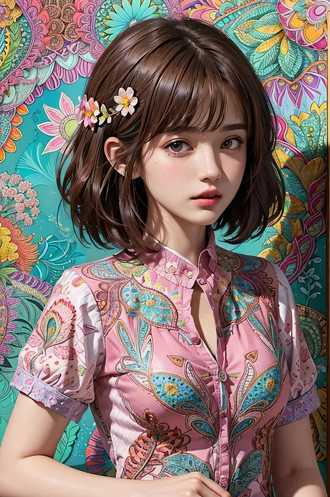 (Ultra detailed backgrounds、detailedbackground)、absurderes、A high resolution、ultra - detailed、The is very detailed、1womanl、(Floral shirt)、(zentangle:1.2)、(fractals:1.2)、(extremely colorful)、(brunette color hair、short-hair:1.3)