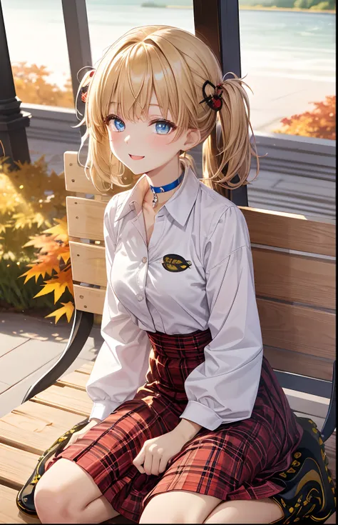 absurderes, ultra-detailliert,bright colour, extremely beautiful detailed anime face and eyes,;D,(White open collar shirt:1.3),shiny_skin,25 years old, Short hair, , asymmetrical bangs, Blonde hair with short twin tails, Shiny hair, Delicate beautiful face...