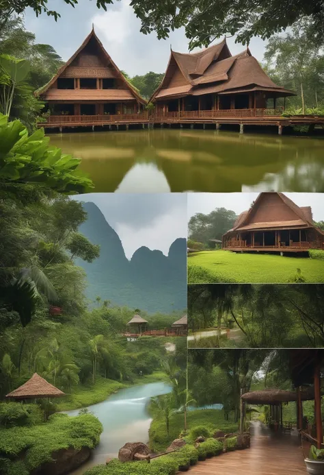 Resorts in Thailand with all cycles Both raw clay brick houses with grass roofs, activity zones, water parks and parks, and 2 cute train trains, a big waterfall seen from the entrance and around the resort is forest, oxygen production, a village, a total l...