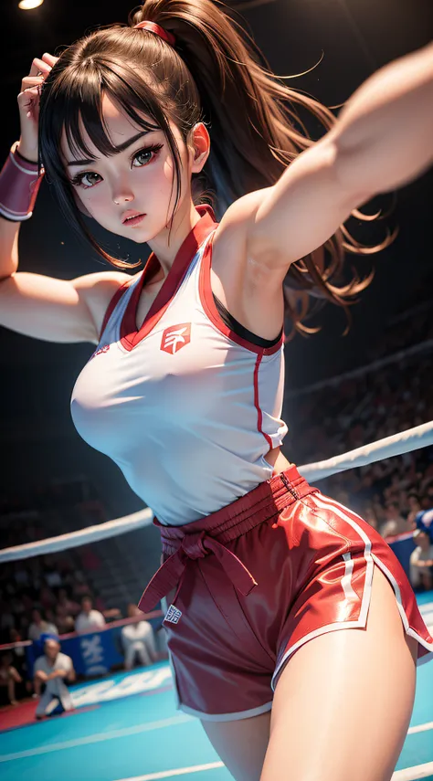 a girl in karate attire in the ring, in the style of bold, manga-inspired characters, realistic fantasy artwork, nightcore, gongbi, hallyu, close up, uniformly staged images