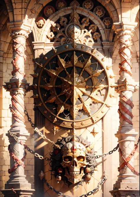 Golden skull，Sun head ring，Ruby decoration，Entangled in chains，On golden stone pillars，holy sacred light rays，Death and blood，The frescoes of the church are general