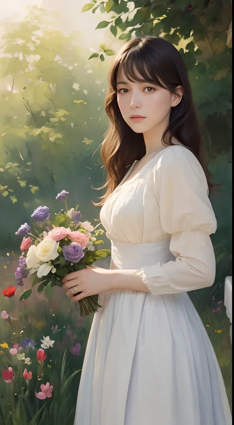 ((Watercolor by Sargent))、(top-quality、​masterpiece)、softlight、Painting of a woman standing on a hill with flowers in her hands, art of edouard bisson, krenzcushart, wlop jeremy lipkin, inspired by Pierre Auguste Cot, wlop painting style, moebius + Roisch ...