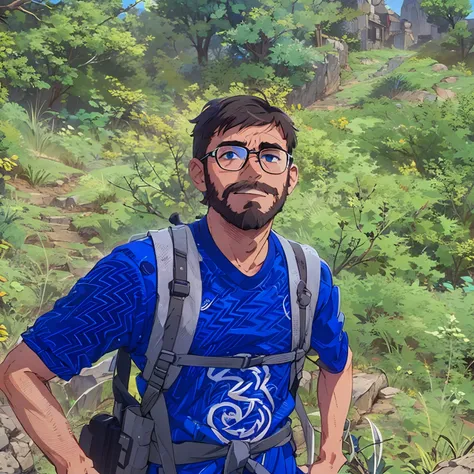 (best-quality:0.8), (best-quality:0.8), perfect anime illustration, extreme closeup portrait of a 25 year old 5 feet 8 inch man with thin body type and small beard and steel frame glasses hiking in mountain