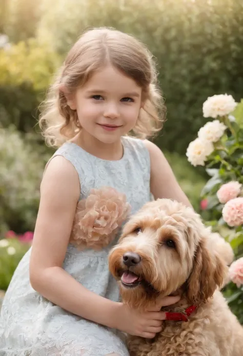 Sweet little girl,(upper body), and Labradoodles in the garden, There are flowers, There are fountains,