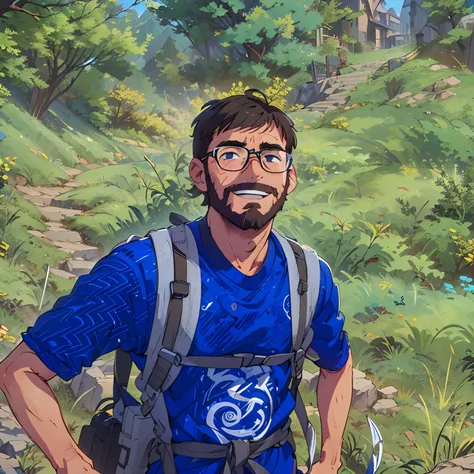 (best-quality:0.8), (best-quality:0.8), perfect anime illustration, extreme closeup portrait of a 25 year old 5 feet 8 inch man with thin body type and small beard and steel frame glasses hiking in mountain and smiling showing his teeth