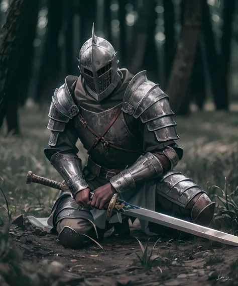 The Last Defender, in the middle of the war, Knight kneeling with the sword, 35mm F/28, hyper-detailed whole body shot of a warrior with a big sword and armor,  aesthetic body, head down, face down, High-detailed,  ultra-realistic, hyper-realistic, ultra-d...