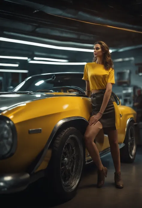 a tall girl wearing yellow mechanic shirt, fixing a futuristic car in white shop ,(dynamic_pose:1.2),(masterpiece:1.2), (best quality, highest quality), (ultra detailed), (8k, 4k, intricate), (50mm), (highly detailed:1.2),(detailed face:1.2), detailed_eyes...