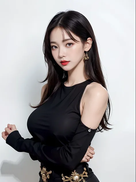 girl with, bangss, off shoulders, Black pants, breastsout, Breasts squeezed together, White background, hair between eye, huge-breasted, length hair, Look at viewers, FULL BODYSHOT, cparted lips, red eyes, The shirt, simple background, 独奏, doress, white  h...