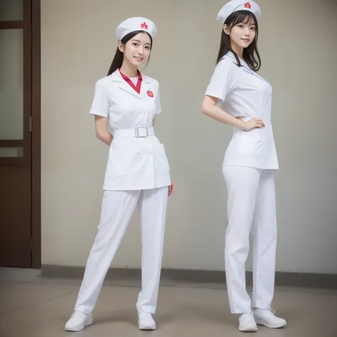 There was a woman in a white uniform, Nurse, full-body xianxia, nurse girl,  healthcare worker, Fitted nurse uniform，White nurse hat，Split nurse overalls，Skinny white trousers，Nice nurse shoes，Beautiful face，The skin of the face is fair and shiny，beautidfu...