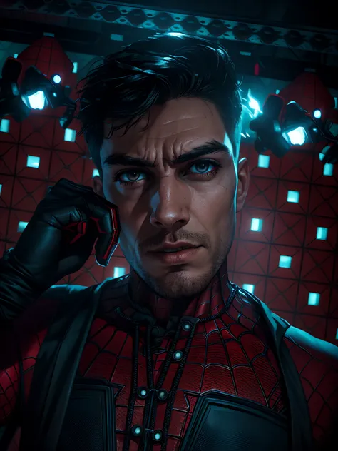 gloomy portrait of Bloody Spider-Man from Marvel with intricate angular cybernetic implants inside a brutalist building, gothic brutalist cathedral, cyberpunk, award-winning photo, bokeh, neon lights, cybernetic limb, realistic face,,  realistuc hair,, HDR...