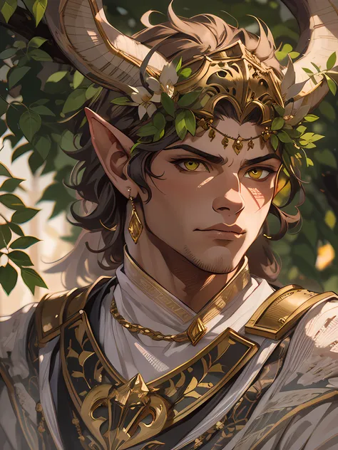 D&D drawing, a very handsome faun druid with golden eyes and a tunic with an acacia tree pattern, expression loyal, close-up intensity, masterpiece, best quality, ultra-detailed, cinematic beautiful lighting, intricate details, looking at viewer, depth of ...