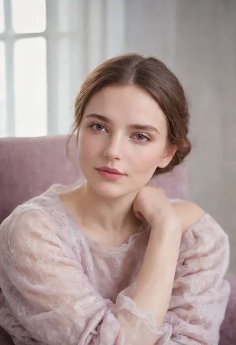 young woman laying on armchair ((upper body)) in the style of light magenta and light gray, calm and meditative, barbizon school, exaggerated facial features, light brown and white, happycore,