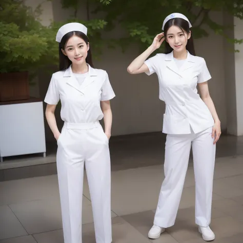 There was a woman in a white uniform, Nurse, full-body xianxia, nurse girl,  healthcare worker, Fitted nurse uniform，White nurse hat，Split nurse overalls，Skinny white trousers，Nice nurse shoes，Beautiful face，The skin of the face is fair and shiny，beautidfu...