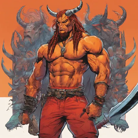 Predator, orange with red mane, minotaur-like horns, spiked black bracelets, red shirt and cargo shorts, masterpiece, best quality