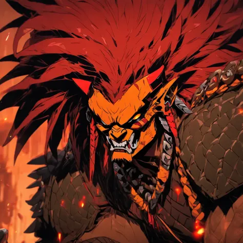 Predator, orange with red mane, minotaur-like horns, spiked black bracelets, red shirt and cargo shorts, masterpiece, best quality