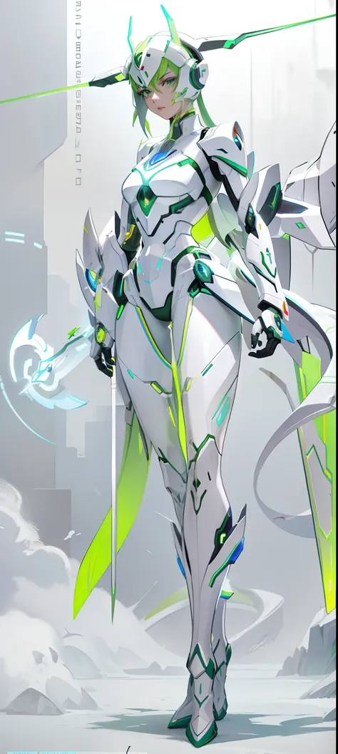 Arafeld robot with a sword and a green arrow, anime robotic mixed with organic, neon scales and cyborg tech, android heroine, lucio as a woman, genji, 《overwatch》Genji in , hot reptile humanoid woman, snake woman hybrid, perfect android girl, in white futu...