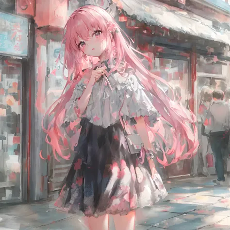 absurderes, hight resolution, ((masutepiece)), animesque、((Best Quality)),(lensflare)、 (Ultra-detailed), (Beautiful), ((Kawaii Girl)), 独奏,Beautiful face、White skin、​masterpiece,(10yaers old:1.3)、Cute pink hair、(One girl in a cute dress、In public、Look away、...