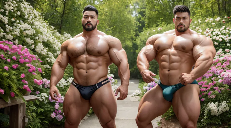 Very handsome，Chinese actor，Stand among the flowers，Surrounded by flowers，short mustache，Wearing a gold thong，Perfect figure with tattoos, Very huge and strong body, Bulging muscles, musculous, Very large pectoral muscles，Very sexy abs，The legs are muscula...