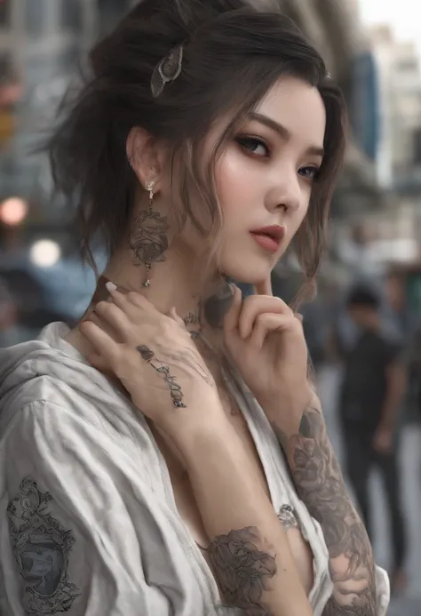 A pornographic girl wearing Chinese underwear，s the perfect face，Wearing black stockings，Wear stiletto heels，with tattoos，Have on the street，CG，incredibly detailed，ultra-realistic realism