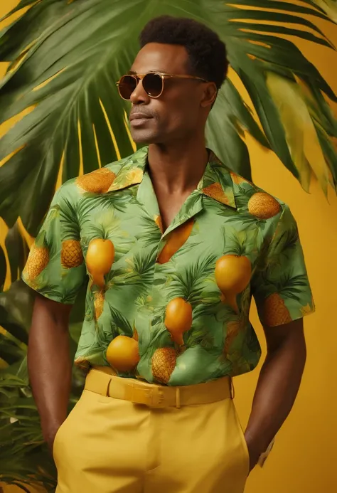 Handsome man wearing tropical fruit shirt on yellow background, cool style, mixed pattern, marble texture, animated GIF, Harlem Renaissance, naturalistic bird portrait, light green and orangutan, (medium shot)