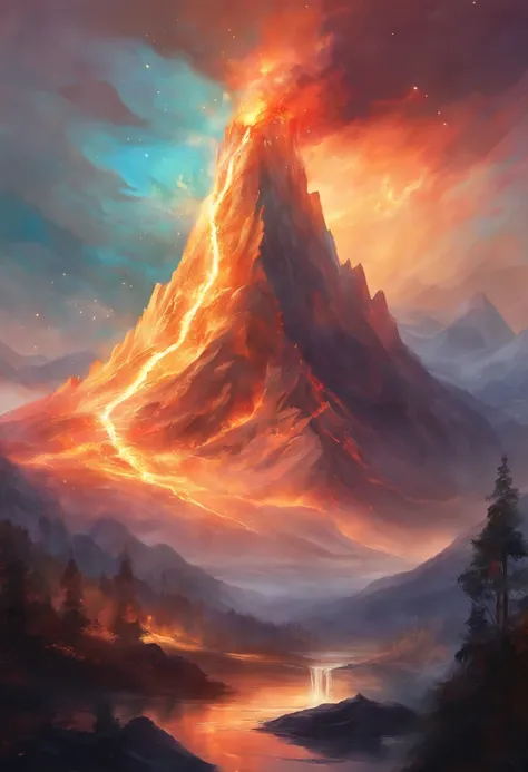 A huge mountain with fire peek