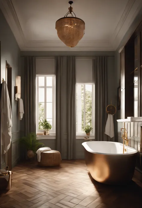 In the big bathroom, A woman and a child in the bathtub, Wipe your childs hair with a towel. The image should be realistic and realistic, Depict the bottom angle view and capture the early morning glow. The color palette should have warm tones，The scene sh...