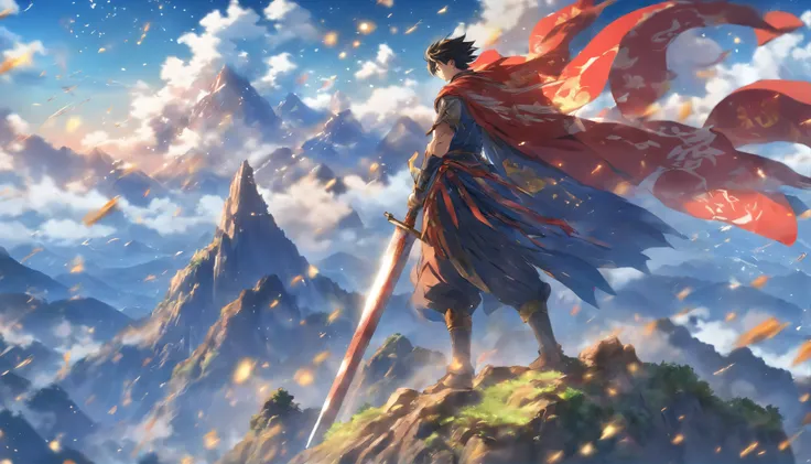 A tall and handsome man standing on top of a mountain, with fluttering flags behind him and a war-torn scene around him. He wields a giant sword, wearing a magnificent battle robe, and gazes resolutely in all directions, ,in the style of the stars art grou...