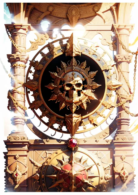 Golden skull，Sun head ring，Ruby decoration，Entangled in chains，On golden stone pillars，holy sacred light rays，Death and blood，The frescoes in the church are so-so，coliseum background