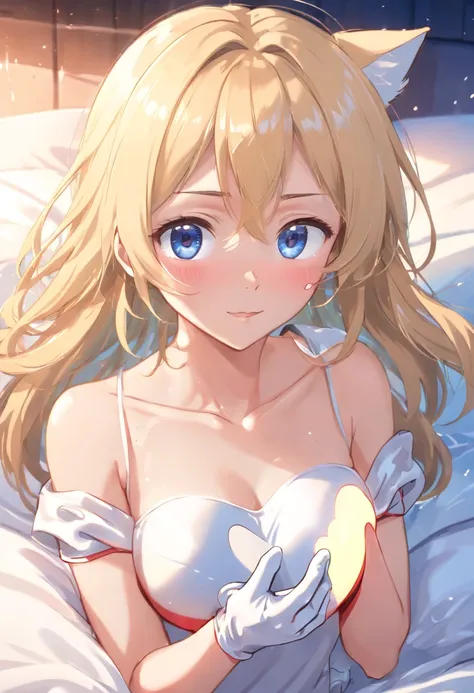 Anime style, High quality, (masutepiece), Best Quality, High resolution, Extremely detailed, (Heart-shaped pupil:1.5), Detailed background, 1girl in, (white glove:1.5), (barechested), Blonde long hair, (Female fox), a bed, Looking at Viewer, yandere, Yande...