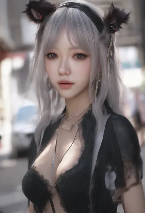 A pornographic teenage girl wearing Korean lingerie，s the perfect face，Wearing black stockings，Wear stiletto heels，with tattoos，Have on the street，incredibly detailed，ultra-realistic realism