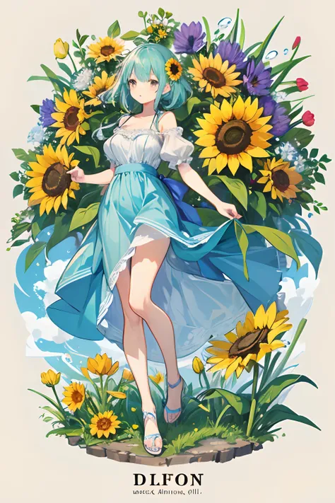 (mouthpiece, of the highest quality, Illustration, Very high quality, extremely delicate writing), Plant-based women, Full body, Lively, No background, One Person, Sunflower, dandelion, tulips, Violet, Water lily flower,