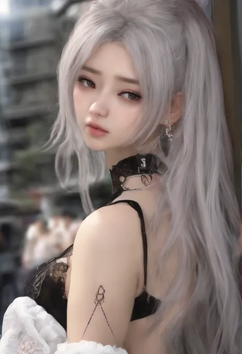 A pornographic teenage girl wearing Korean lingerie，s the perfect face，Wearing black stockings，Wear stiletto heels，with tattoos，Have on the street，incredibly detailed，ultra-realistic realism