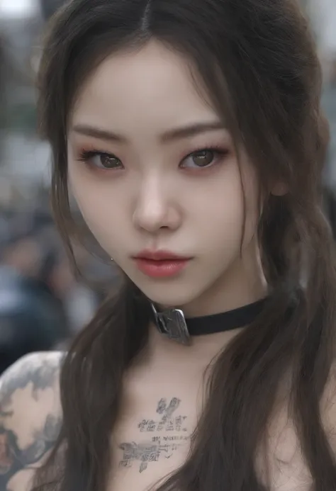 A pornographic bad teenage dressed in Korean nudity，s the perfect face，Wearing black stockings，Wear stiletto heels，with tattoos，Have on the street，incredibly detailed，ultra-realistic realism