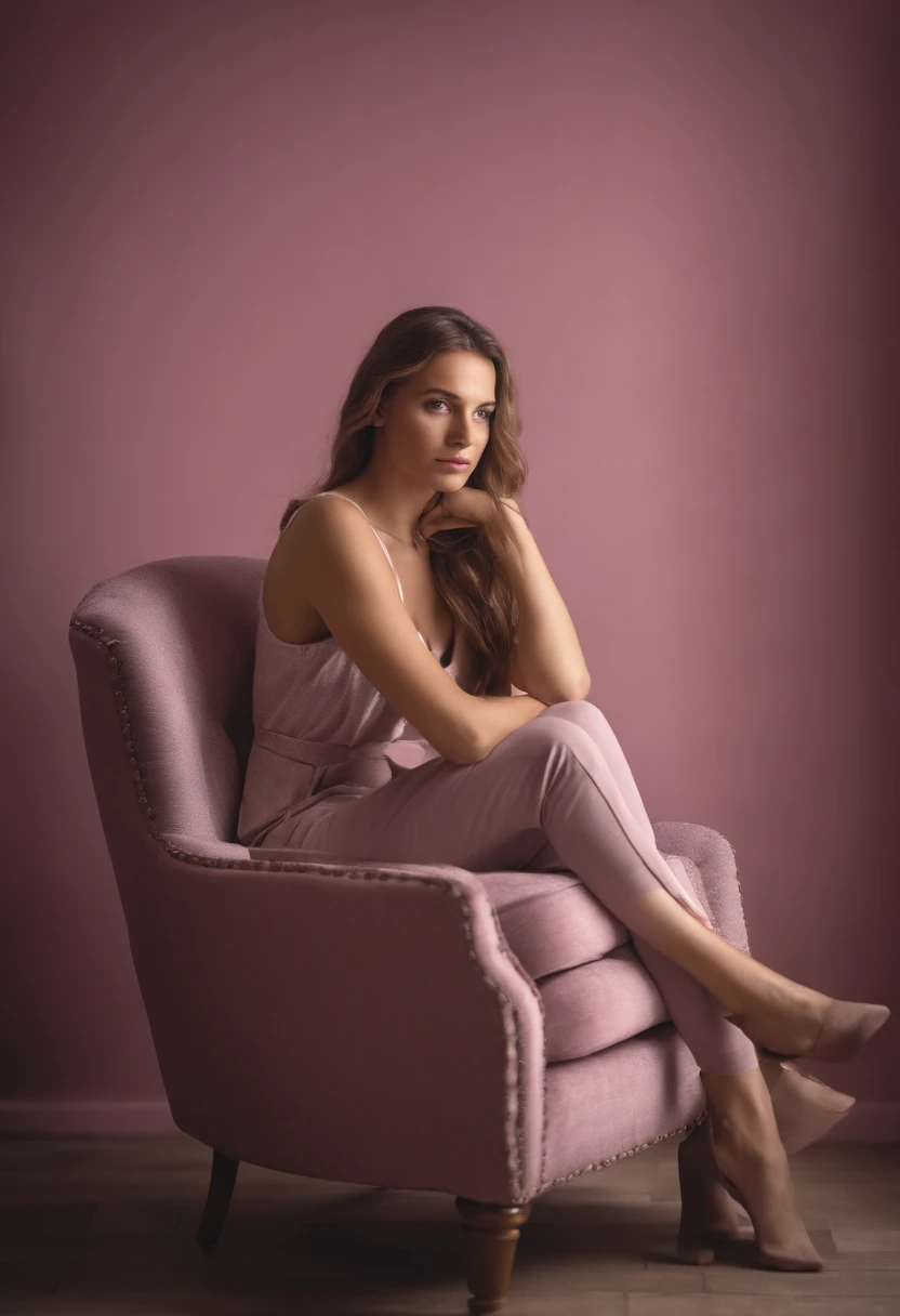 young woman siting on armchair ((close up)) in the style of light magenta and light gray, calm and meditative, barbizon school, exaggerated facial features, light brown and white, happycore,