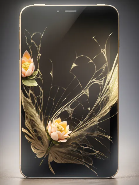 best quality, ultra-detailed, realistic, smartphone, modern, The transparent metal finish shows the internal circuitry, edge-to-edge display, colorful on phone screen with butterflies and lotus flowers, 3D display screen, 3-dimensional, The display can be ...