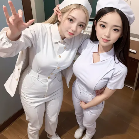 There was a woman in a white uniform, Nurse, full-body xianxia, nurse girl,  healthcare worker, Fitted nurse uniform，White nurse hat，Split nurse overalls，Skinny white trousers，Nice nurse shoes，Beautiful face，The skin of the face is fair and shiny，beautidfu...