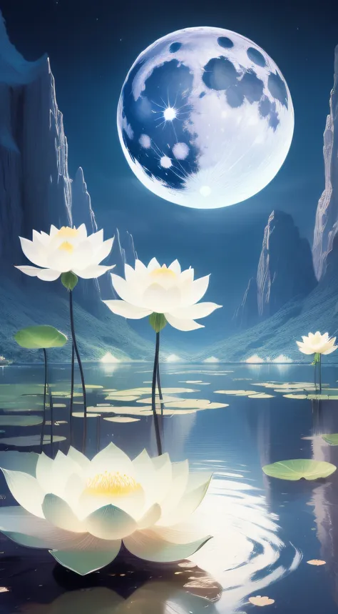 (((the night)))，(((the huge moon)))，Moonlight is reflected on the surface of the water，Green Dragon，lotus flower，Huge pond，Faraway view，Wide world，inverted image，Water streaks