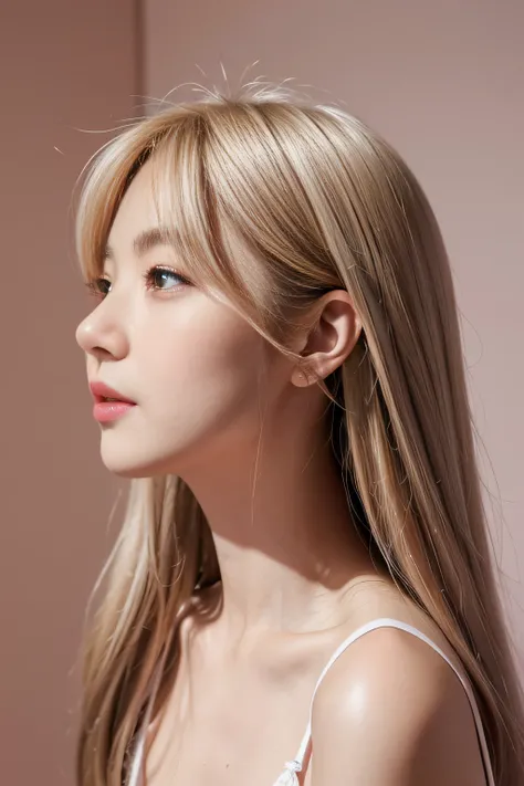 Profile slightly slumped。
hyper realstic。
Middle Hair Woman。soio。
Hair length below the shoulders。 
Hair color is blonde。
thins、Gray ash&It has a pink color in it。 
Permed。
Korean。 
Light orange eyeshadow。
Light orange lip。 
Flat lighting。
White wall backg...