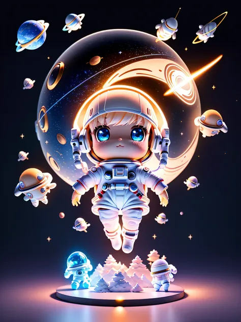 Super cute boy full body 3D drawing,1pc,good eyes looking,largeeyes,adolable,having fun,c4d,Pop Matt Blind Box,Long white hair,Glowing bubbles,toys,solid color backdrop,tchibi,Fluorescent transmission,luminous body, kawaii,dolls,(((The astronaut,space suit...