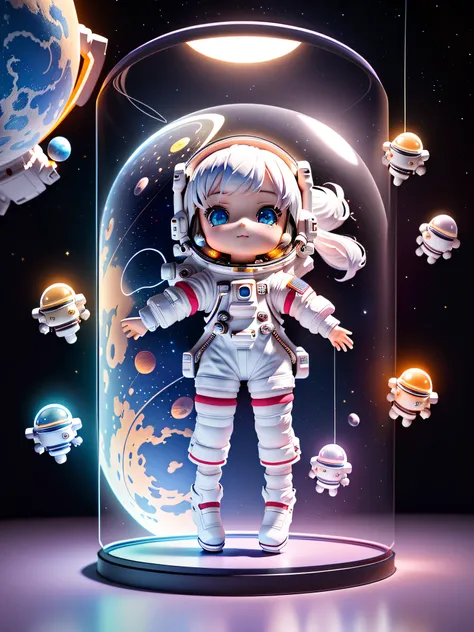 Super cute boy full body 3D drawing,1pc,good eyes looking,largeeyes,adolable,having fun,c4d,Pop Matt Blind Box,Long white hair,Glowing bubbles,toys,solid color backdrop,tchibi,Fluorescent transmission,luminous body, kawaii,dolls,(((The astronaut,space suit...