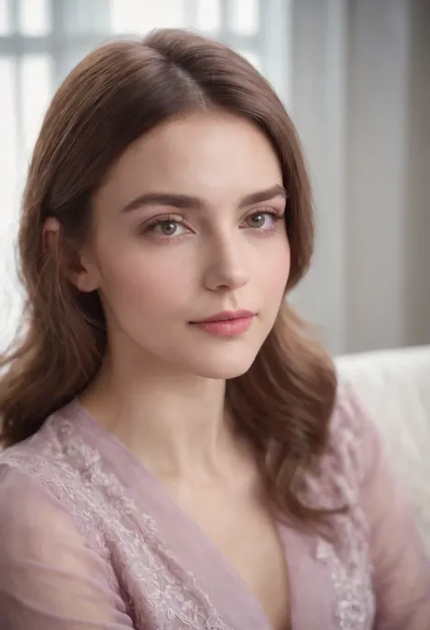 young woman siting on armchair in the style of light magenta and light gray, calm and meditative, barbizon school, exaggerated facial features, light brown and white, happycore, (upper body)