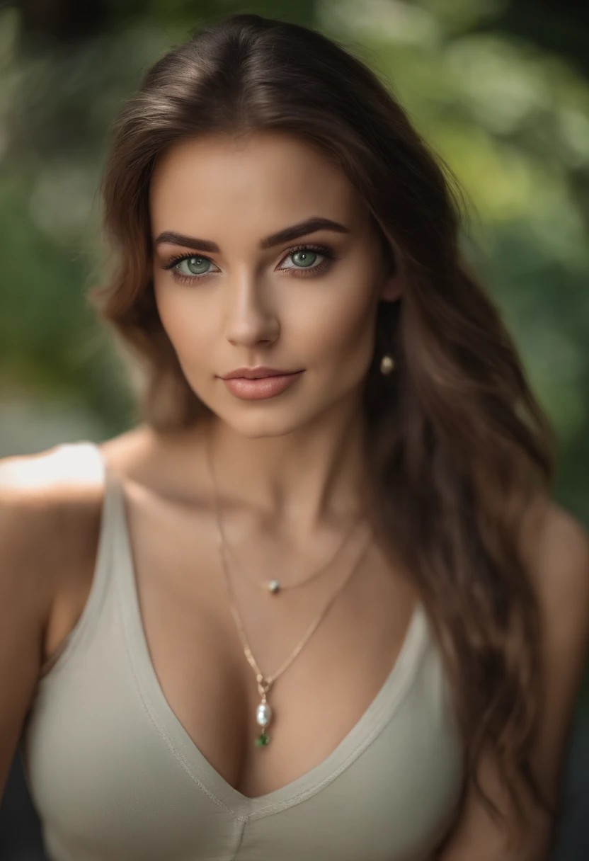 Arafed woman with white tank top and necklace, Sexy girl with green eyes, portrait sophie mudd, aufgenommen mit Sony A7 III, brown hair and big eyes, Selfie einer jungen Frau, Augen im Schlafzimmer, Violet Myers, ohne Make-up, Natural makeup, Blick direkt ...