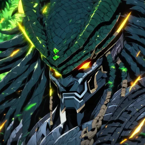 Predator, dark grey with panther-like ears, green jungle armor with gold bands and emerald stones, masterpiece, best quality