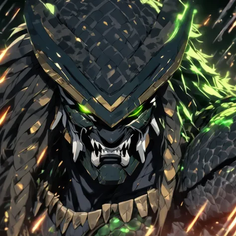 Predator, dark grey with panther-like ears, green jungle armor with gold bands and emerald stones, masterpiece, best quality