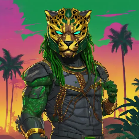 Predator, dark grey with panther-like ears, green jungle armor with gold bands and emerald stones, masterpiece, best quality