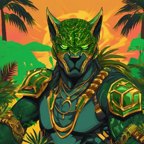 Predator, dark grey with panther-like ears, green jungle armor with gold bands and emerald stones, masterpiece, best quality