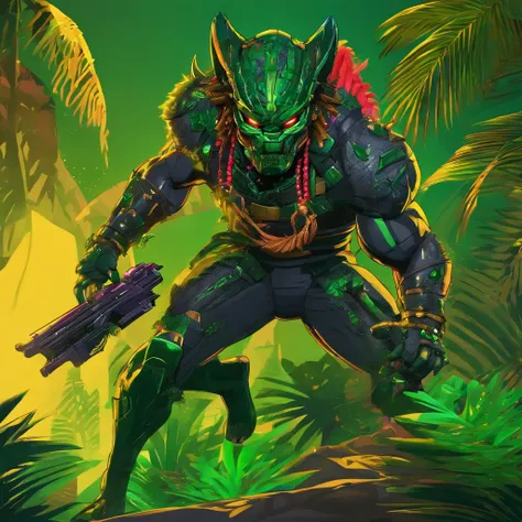 Predator, dark grey with panther-like ears, green jungle armor with gold bands and emerald stones, masterpiece, best quality