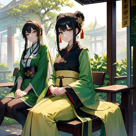 Gorgeous Hanfu，Green Hanfu，Hanfu，Female Taoist，Chinese medicine，Black hair，Golden pupils，Black leather boots，Sit in a waiting chair at the bus stop，Wait for the bus，Heavy rainy days，serious expressions