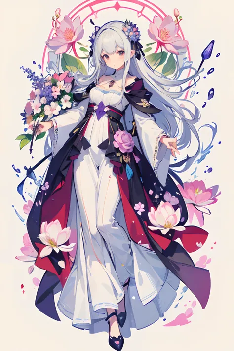 (Mouthpiece, top quality, illustration, very high quality, very delicate writing), plant-based woman, full body with flowers, full body, lively, no background, one person, cherry blossom, rose, hydrangea, cosmos, tulip, violet, water lily flower, wand, wiz...